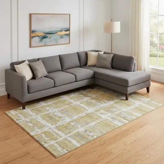 Gold Ivory And Gray Striped Washable Area Rug With UV Protection Photo 1