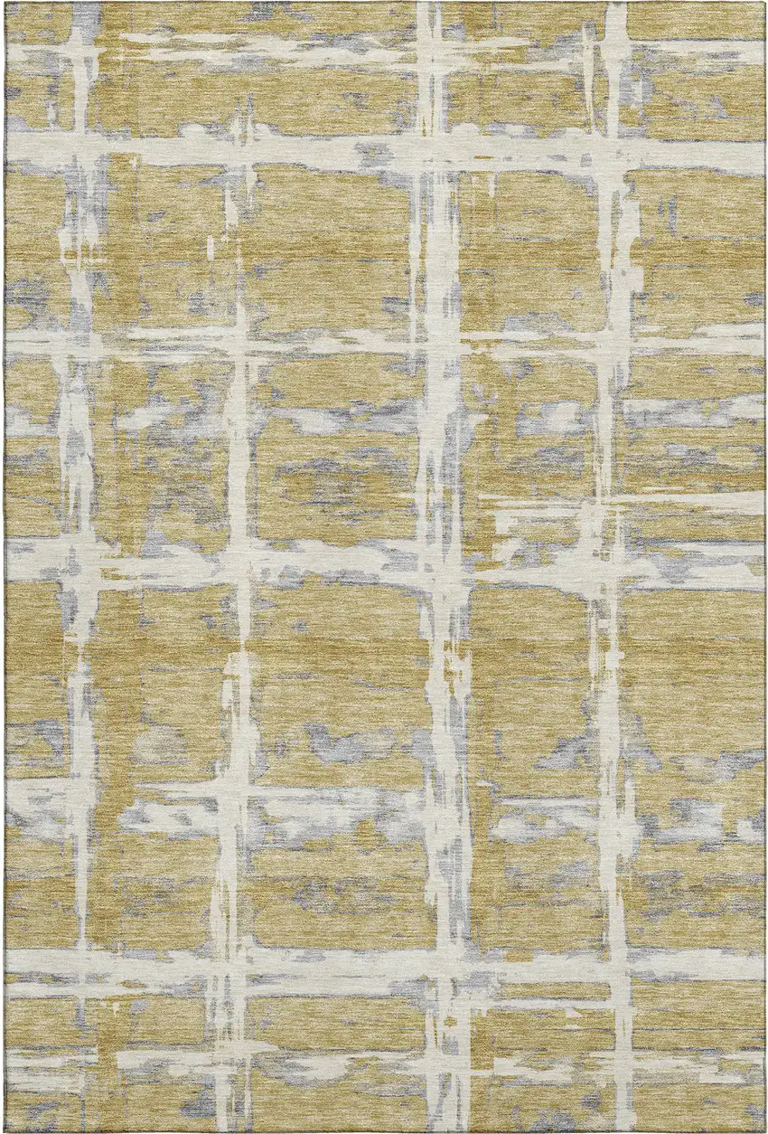 Gold Ivory And Gray Striped Washable Area Rug With UV Protection Photo 1