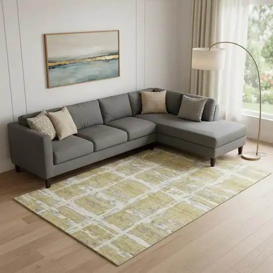 Gold Ivory And Gray Striped Washable Area Rug With UV Protection Photo 1