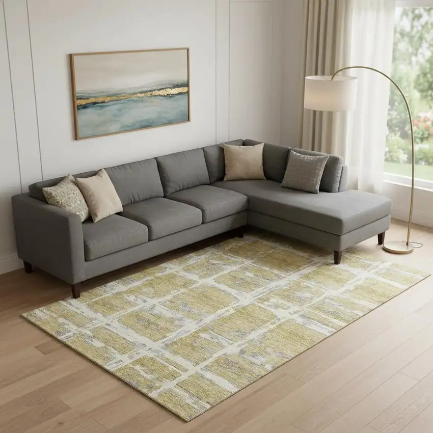 Gold Ivory And Gray Striped Washable Area Rug With UV Protection Photo 1