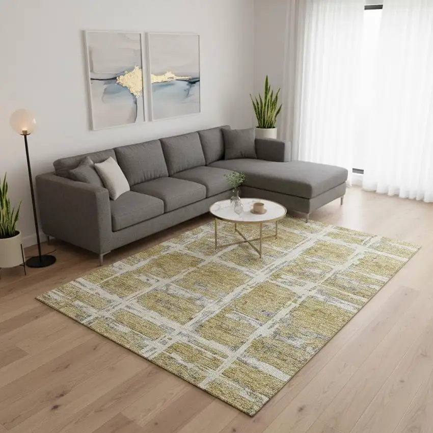 Gold Ivory And Gray Striped Washable Area Rug With UV Protection Photo 2