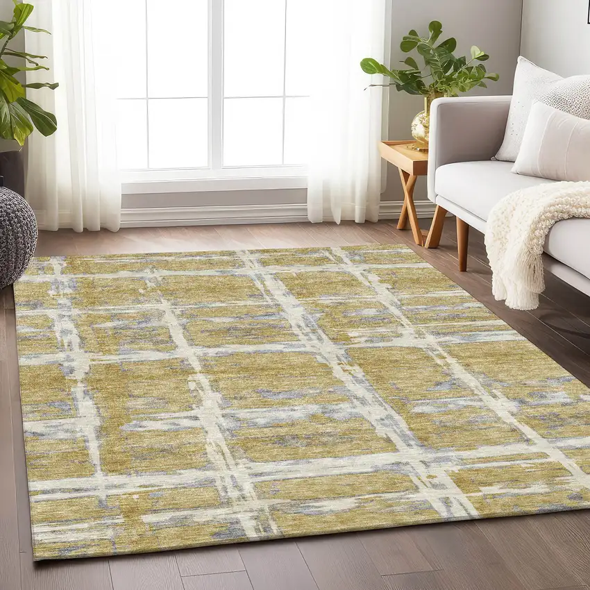 Gold Ivory And Gray Striped Washable Area Rug With UV Protection Photo 5