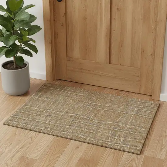 Gold Ivory And Gray Striped Washable Area Rug With UV Protection Photo 1