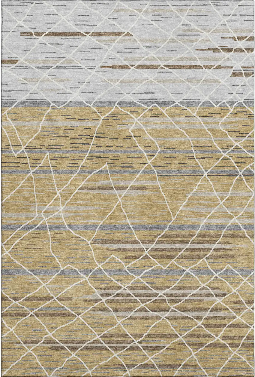Gold Ivory And Gray Striped Washable Area Rug With UV Protection Photo 1