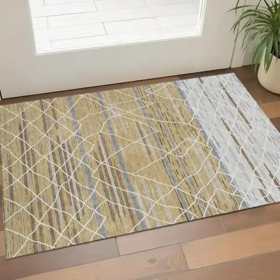 Gold Ivory And Gray Striped Washable Area Rug With UV Protection Photo 1