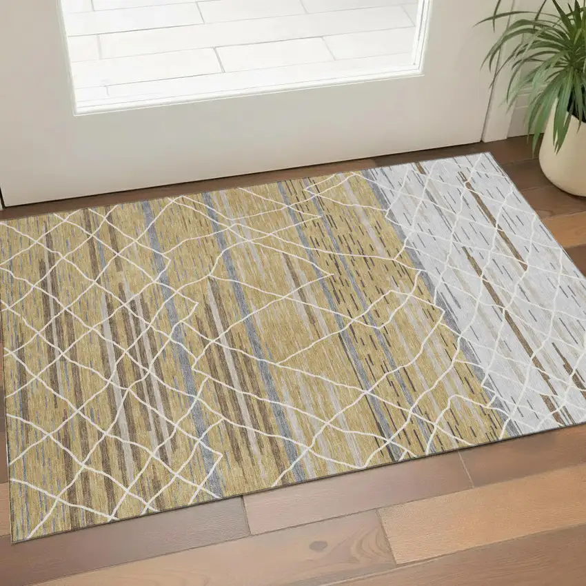 Gold Ivory And Gray Striped Washable Area Rug With UV Protection Photo 1