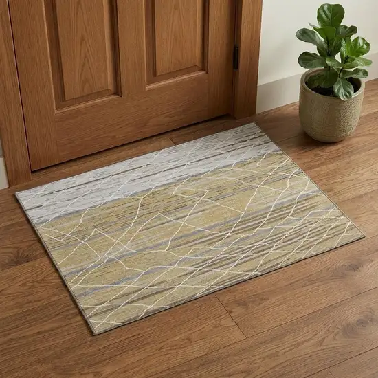 Gold Ivory And Gray Striped Washable Area Rug With UV Protection Photo 1