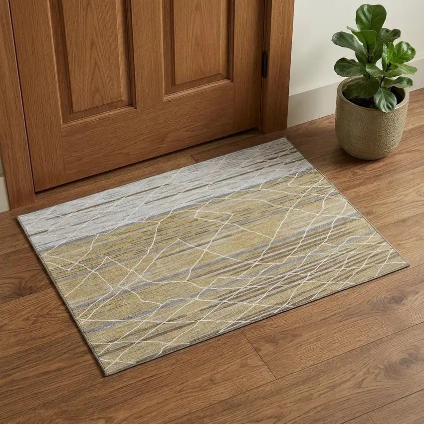 Gold Ivory And Gray Striped Washable Area Rug With UV Protection Photo 1