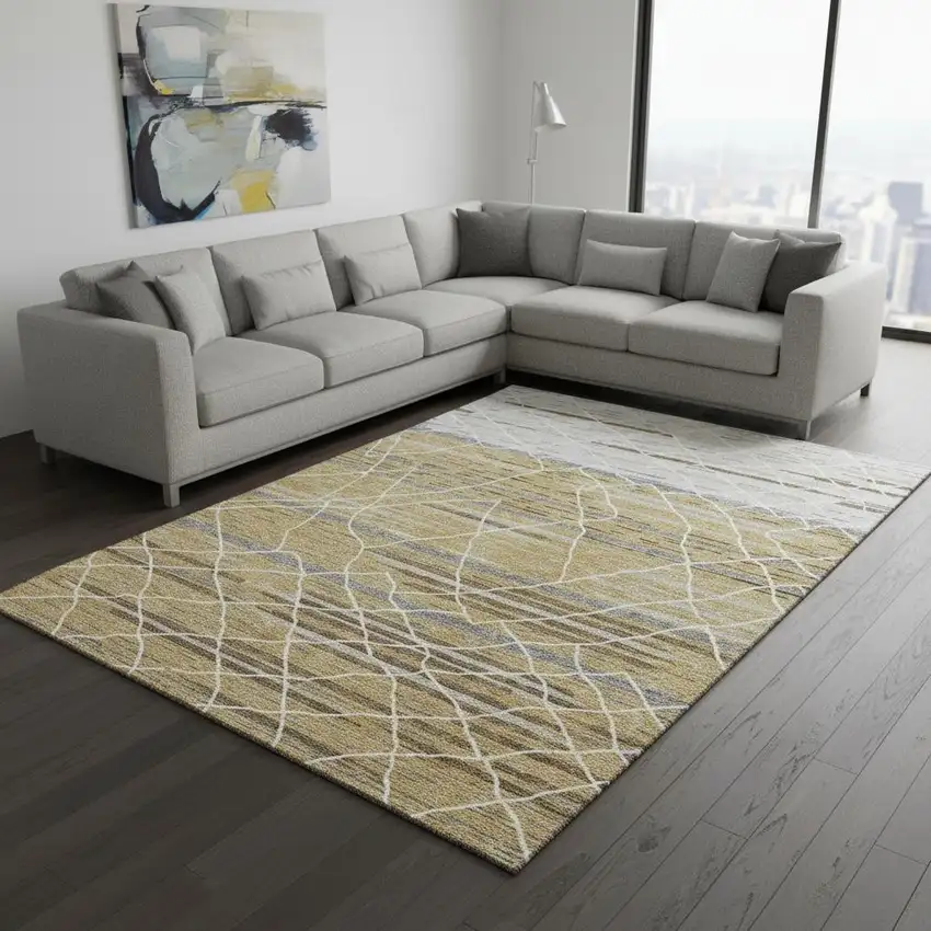 Gold Ivory And Gray Striped Washable Area Rug With UV Protection Photo 2