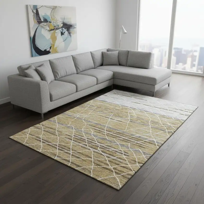 Gold Ivory And Gray Striped Washable Area Rug With UV Protection Photo 2