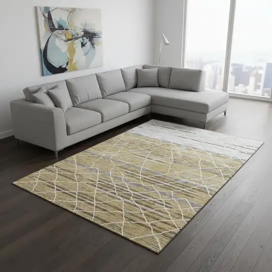 Gold Ivory And Gray Striped Washable Area Rug With UV Protection Photo 2