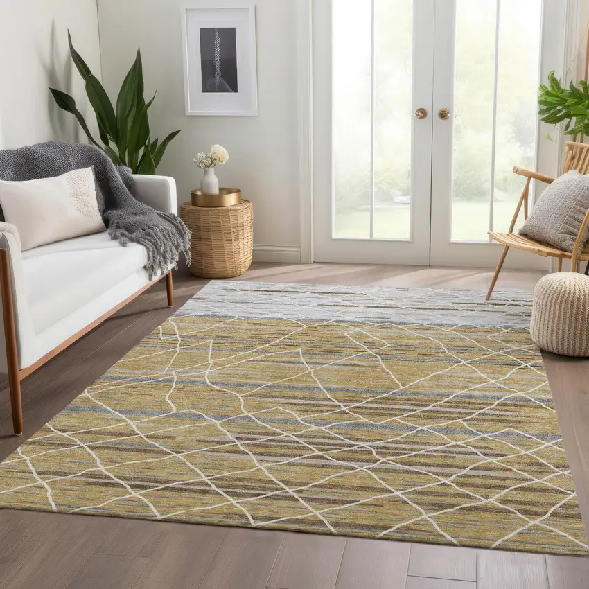 Gold Ivory And Gray Striped Washable Area Rug With UV Protection Photo 5