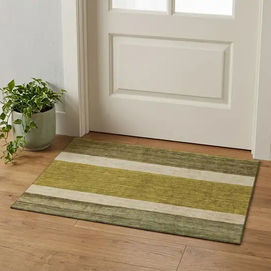 Gold Ivory And Gray Striped Washable Area Rug With UV Protection Photo 1