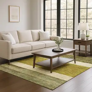 Photo of Gold Ivory And Gray Striped Washable Area Rug With UV Protection