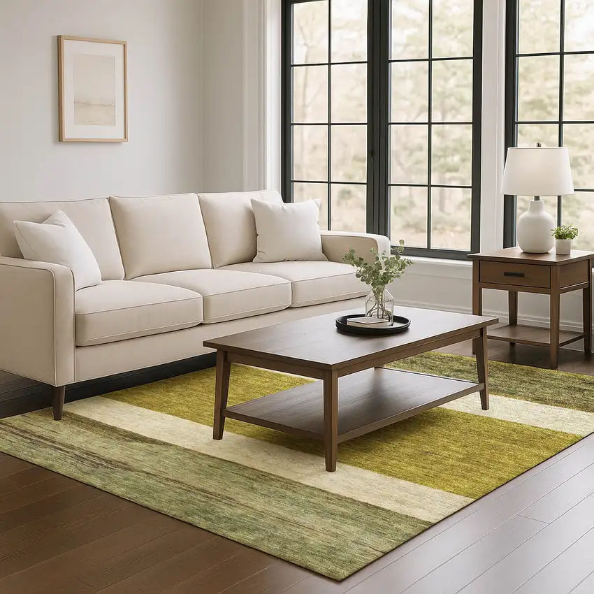 Gold Ivory And Gray Striped Washable Area Rug With UV Protection Photo 4