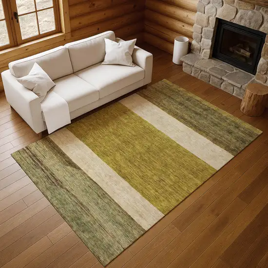 Gold Ivory And Gray Striped Washable Area Rug With UV Protection Photo 5