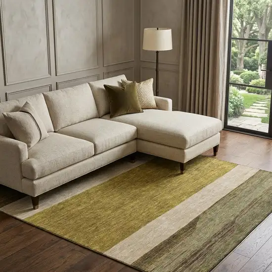 Gold Ivory And Gray Striped Washable Area Rug With UV Protection Photo 1