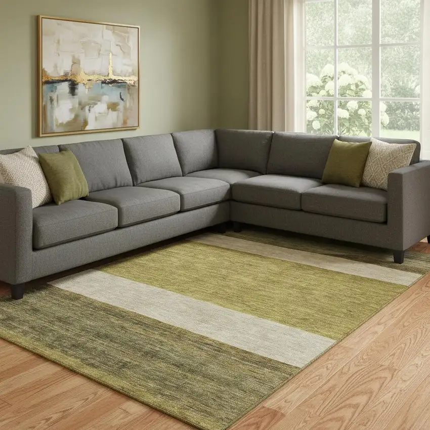 Gold Ivory And Gray Striped Washable Area Rug With UV Protection Photo 2