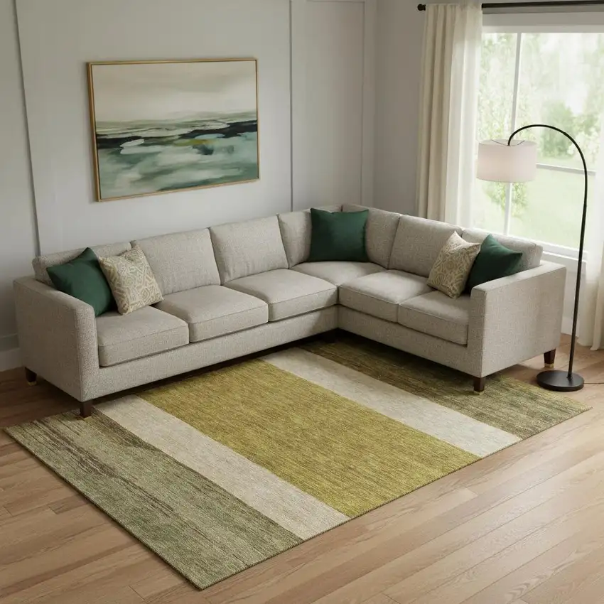 Gold Ivory And Gray Striped Washable Area Rug With UV Protection Photo 2