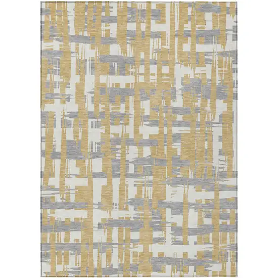 Gold Ivory And Gray Striped Washable Indoor Outdoor Area Rug Photo 1
