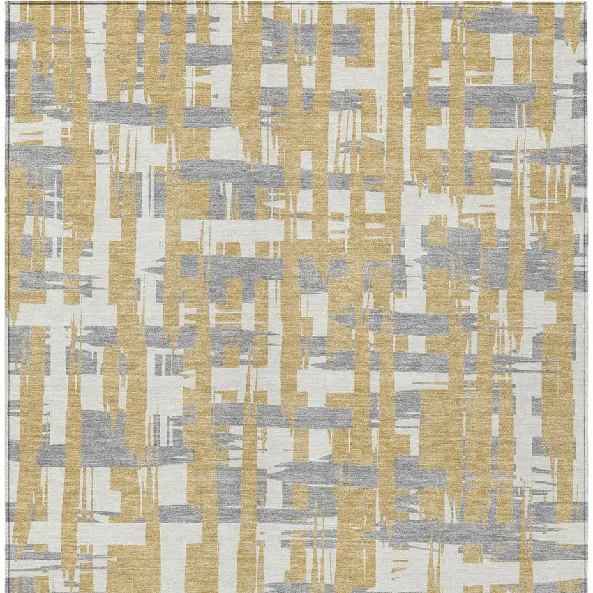 Gold Ivory And Gray Striped Washable Indoor Outdoor Area Rug Photo 4