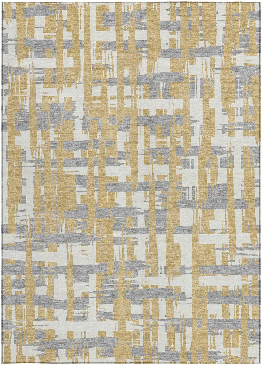 Gold Ivory And Gray Striped Washable Indoor Outdoor Area Rug Photo 3