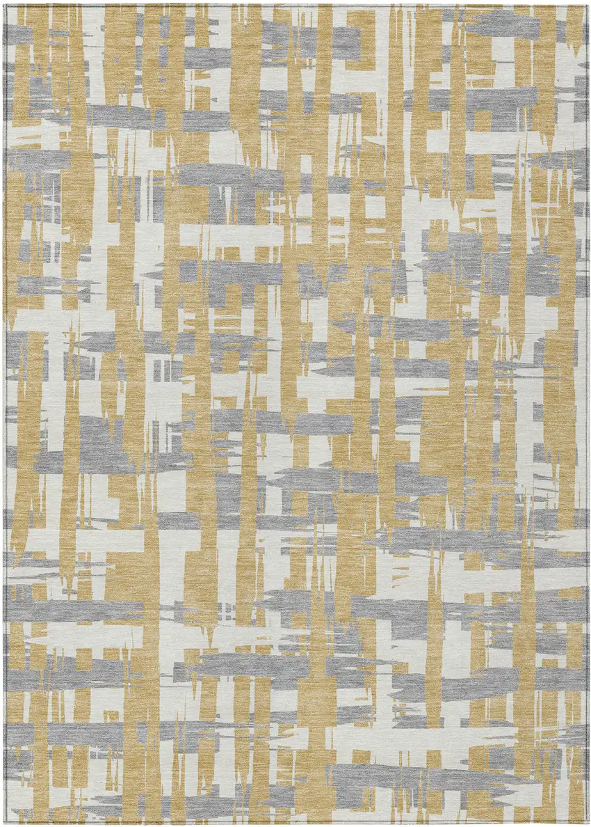 Gold Ivory And Gray Striped Washable Indoor Outdoor Area Rug Photo 1