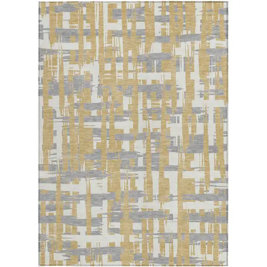 Gold Ivory And Gray Striped Washable Indoor Outdoor Area Rug Photo 3