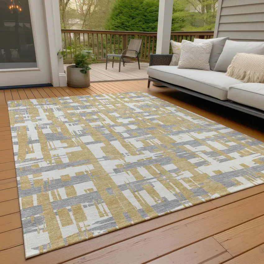 Gold Ivory And Gray Striped Washable Indoor Outdoor Area Rug Photo 8