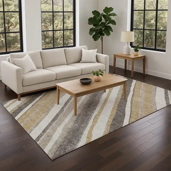 Gold Ivory And Taupe Striped Washable Indoor Outdoor Area Rug Photo 7