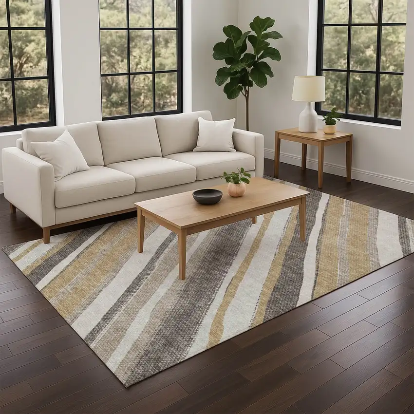 Gold Ivory And Taupe Striped Washable Indoor Outdoor Area Rug Photo 7