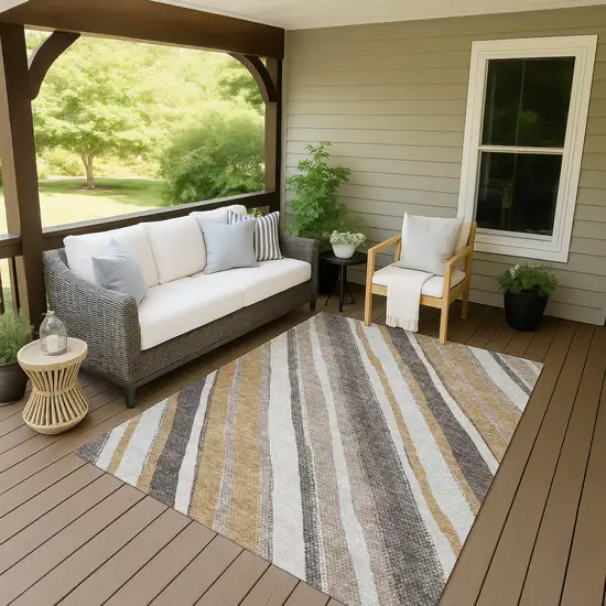 Gold Ivory And Taupe Striped Washable Indoor Outdoor Area Rug Photo 6