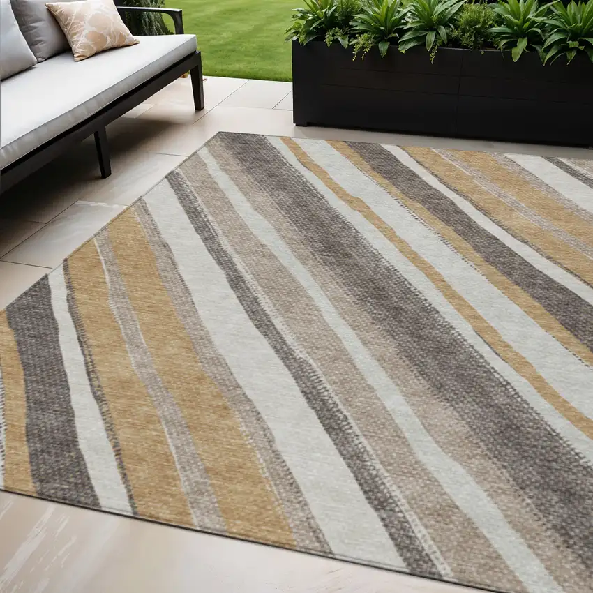 Gold Ivory And Taupe Striped Washable Indoor Outdoor Area Rug Photo 1