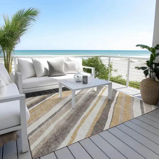 Gold Ivory And Taupe Striped Washable Indoor Outdoor Area Rug Photo 9
