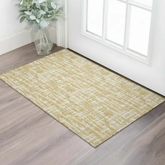 Gold Ivory And Wheat Abstract Geometric Washable Area Rug With UV Protection Photo 2