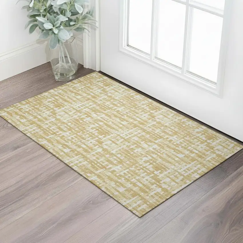Gold Ivory And Wheat Abstract Geometric Washable Area Rug With UV Protection Photo 2