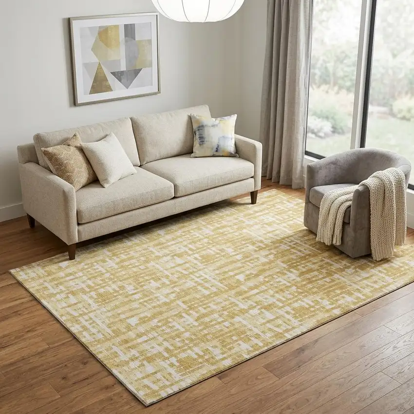 Gold Ivory And Wheat Abstract Geometric Washable Area Rug With UV Protection Photo 1