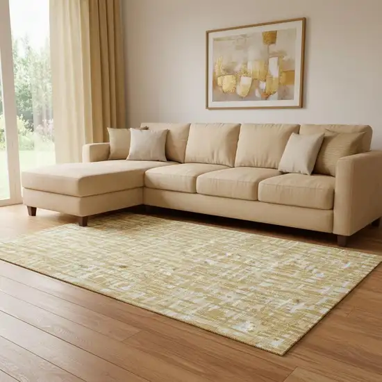 Gold Ivory And Wheat Abstract Geometric Washable Area Rug With UV Protection Photo 2