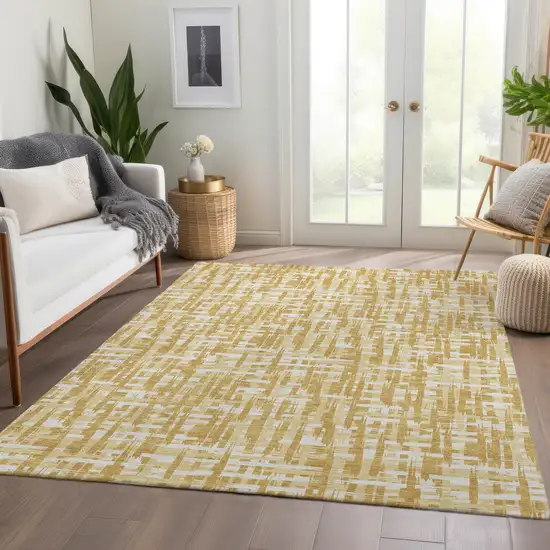 Gold Ivory And Wheat Abstract Geometric Washable Area Rug With UV Protection Photo 5