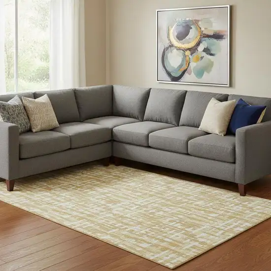 Gold Ivory And Wheat Abstract Geometric Washable Area Rug With UV Protection Photo 2