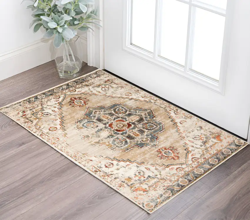 Ivory Tan and Gold Medallion Power Loom Area Rug Photo 1
