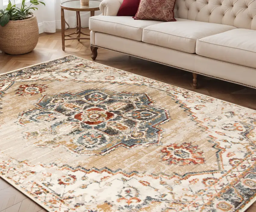 Ivory Tan and Gold Medallion Power Loom Area Rug Photo 1