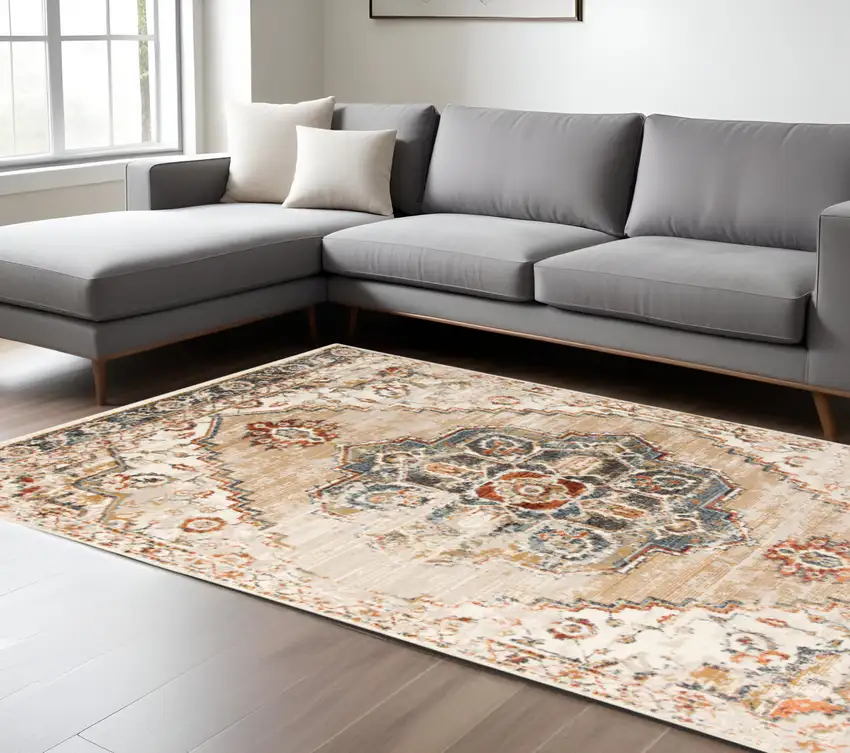 Ivory Tan and Gold Medallion Power Loom Area Rug Photo 1