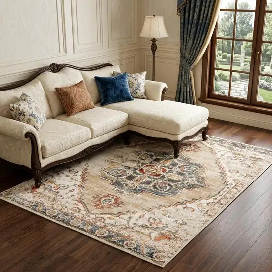 Ivory Tan and Gold Medallion Power Loom Area Rug Photo 1