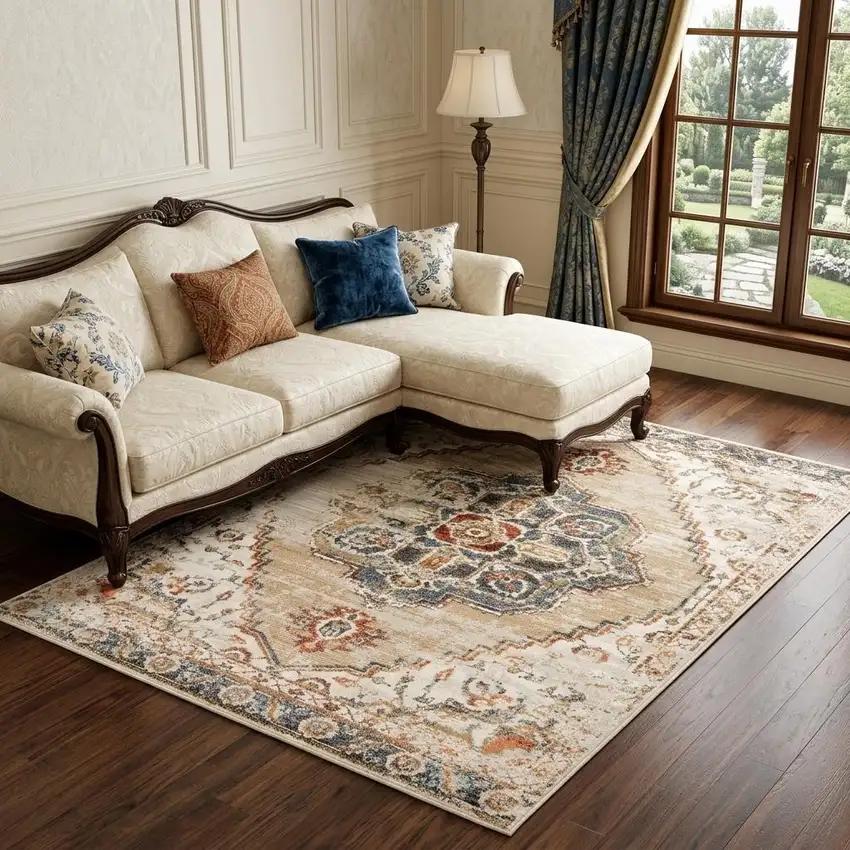 Ivory Tan and Gold Medallion Power Loom Area Rug Photo 1