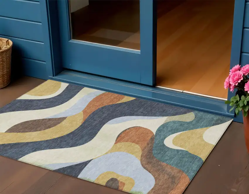 Gold Navy Blue And Ivory Abstract Washable Indoor Outdoor Area Rug Photo 2