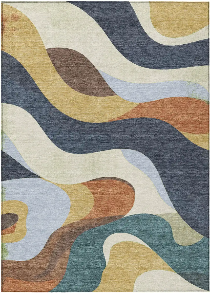 Gold Navy Blue And Ivory Abstract Washable Indoor Outdoor Area Rug Photo 3