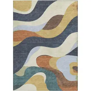 Photo of Gold Navy Blue And Ivory Abstract Washable Indoor Outdoor Area Rug