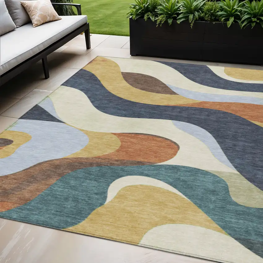Gold Navy Blue And Ivory Abstract Washable Indoor Outdoor Area Rug Photo 2