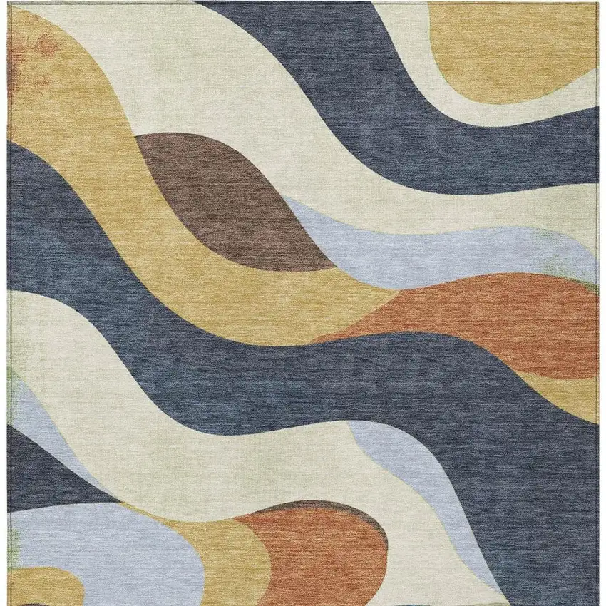 Gold Navy Blue And Ivory Abstract Washable Indoor Outdoor Area Rug Photo 5